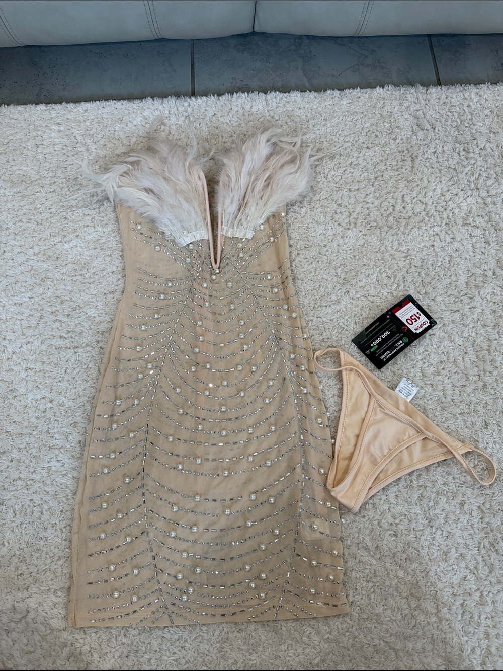 Beige Feather Trim Rhinestone Bodycon Dress
